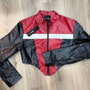 Fashion Nova Red, Black & White Cropped Moto Jacket